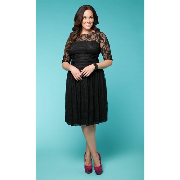 Kiyonna Womens Dress Black Lace Luna Style Party Cocktail Illusion Yoke 1X LBD - Picture 10 of 12